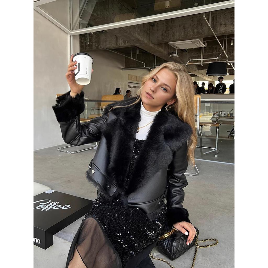 Fur one-piece short jacket, winter new style thickened warm motorcycle jacket