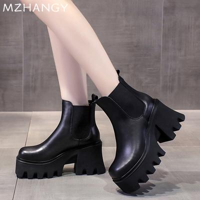 Damen Plateau Stiefeletten High Heels Lederschuhe Designer Klobig Fad Motorradstiefel 2024 Trend Winter Goth Botas De Mujer
