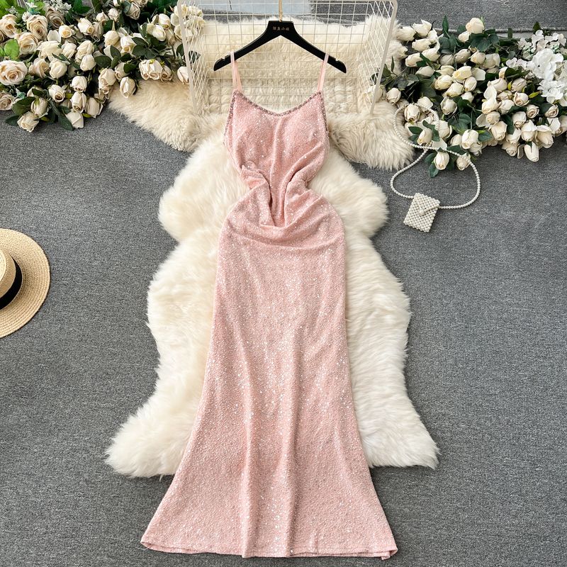 

Daily Style Exquisite Rhinestone Silm Suspender Dress Pink XL