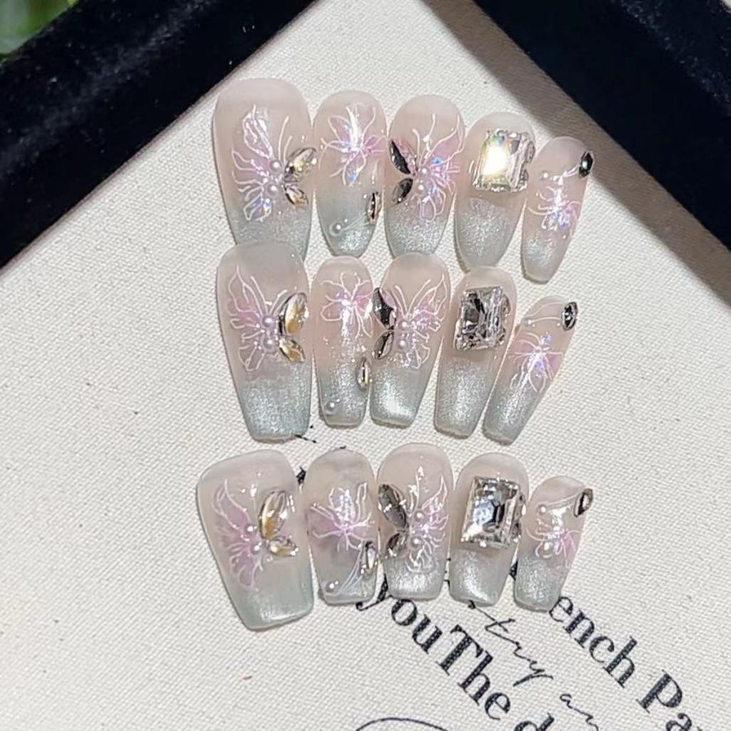 Purtător Fototerapie Lucrat Manual Pur Ochi de Pisică Verde Fluture Fruct Produs Finit Reutilizabil Plasture Manichiură