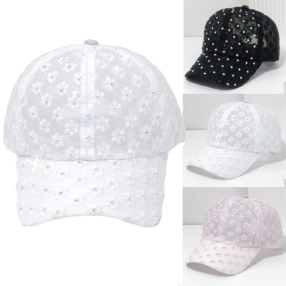 Lightweight Summer Baseball Cap Hollow Floral Lace Rhinestone Decoration Women's Hat Adjustable Flower Embroidery