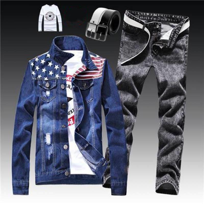 Autumn Winter Men Jean Set Jacket New Tide Cowboy Jeans Suit Jacket Handsome Men's Clothing Cultivate One's