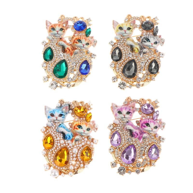 Vintage Baroque Jewelry Brooch Set With Double Cat Design Women Elegant Rhinestone Embellishments Perfect Daily Wear Or Gifting