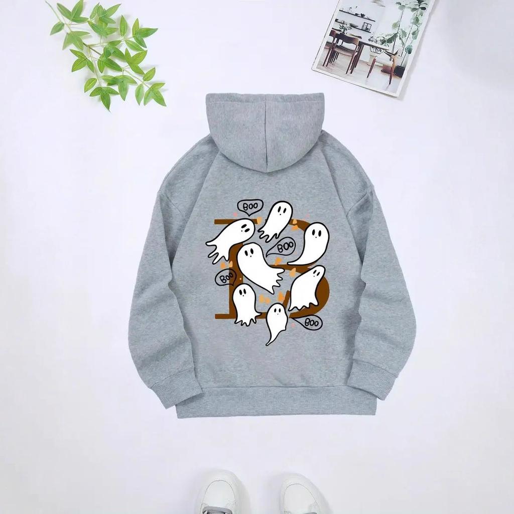Ladies Spring Autumn Casual Hooded Long Sleeve Big Pocket  Halloween Ghost Printed Pullover Hoodies Sweatshirt Top