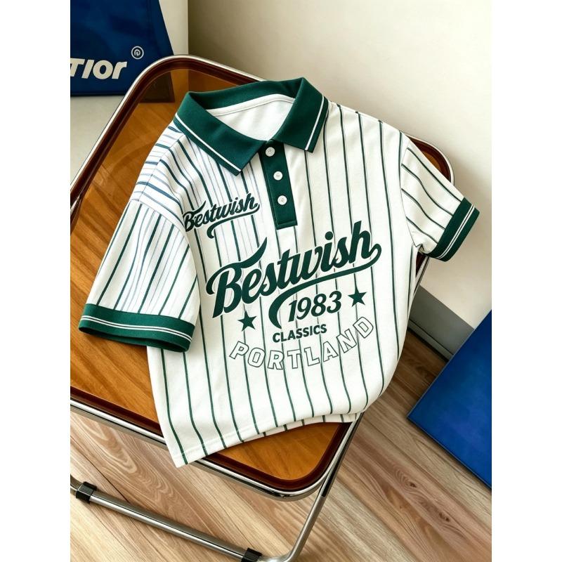 Amerikanisches Herren Sommer Retro 1983 Gestreiftes Buchstabenprint Bequemes Atmungsaktives Polo Kurzarm T-Shirt Outdoor Lässiges Oberteil