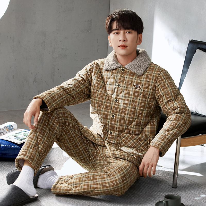 

Пижама мужская зимняя тканая из чистого хлопка с подкладкой трехслойная утолщенная и бархатистая теплая осенне-зимняя домашняя одежда 3XL