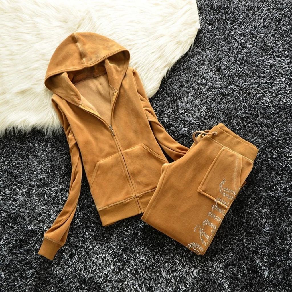 2 Pieces of Women's Outfit Fall Winter Women's Tracksuit Crystal Hoodies and Pant Sets Y2K Velvet Tracksuit