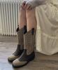 Moodnple Calla Two-Tone Color Block Detail Embroidered Square Boots 4Cm