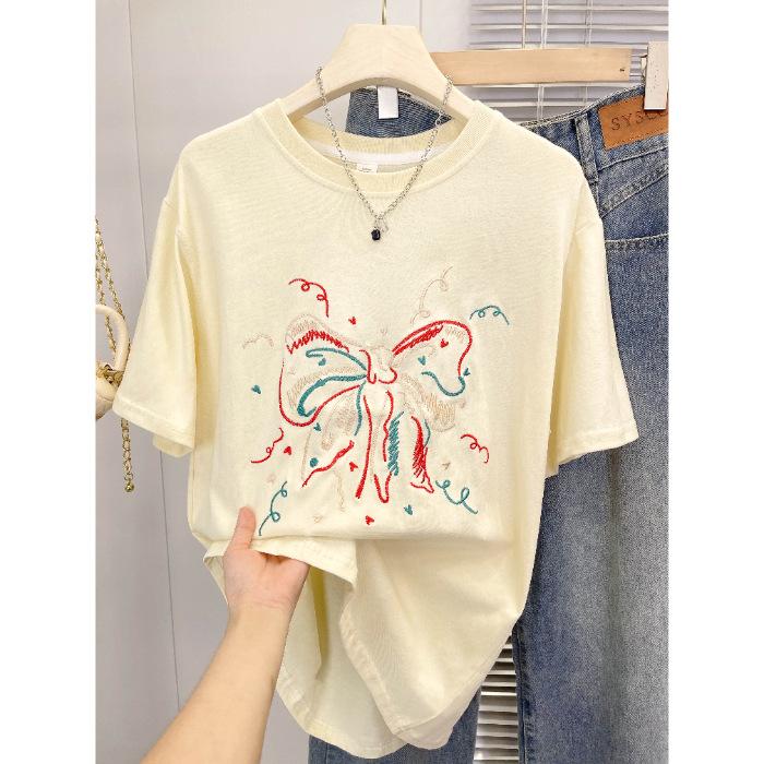 

Printing Printing Combed Cotton American Retro Bow Printing Short Sleeve T-Shirt Women s Commuter Top Tide XXXL