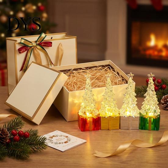 Christmas Party Atmosphere Decor Mini LED Light Up Faux Crystal Tree Figurine, Lighted Xmas Safe for Children Table Centerpiece with Gift Box