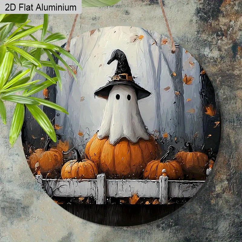 2D Flat Aluminium Oil Painting Style Halloween Sign with Ghosts Pattern - Halloween Figurine Ornaments - Ideal for Front Door, Wall, Porch, Window
