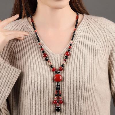 GEMCHIC Collana a Maglia Stile Etnico da Donna con Pendente Lungo a Catena con Perle di Agata Pesce Rosso Gioielli Vintage Cinesi