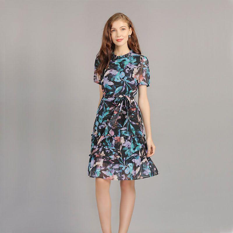 

Women s Summer Chiffon Dress Silm Short Sleeve Black Print 4XL