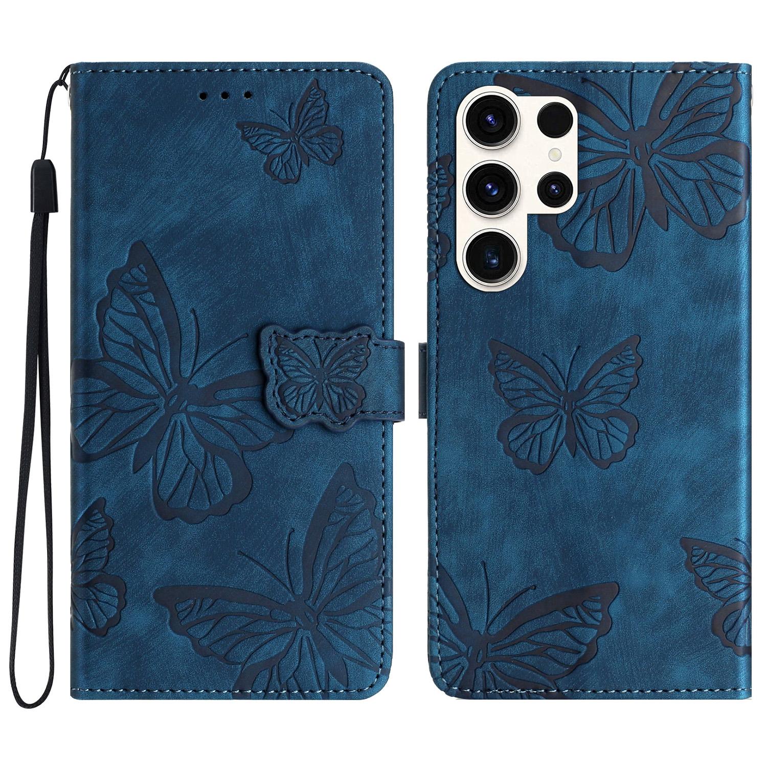 

For Samsung Galaxy S25 Ultra Case Butterfly Design Flip Wallet Leather Phone Cover Skin-Touch Blue