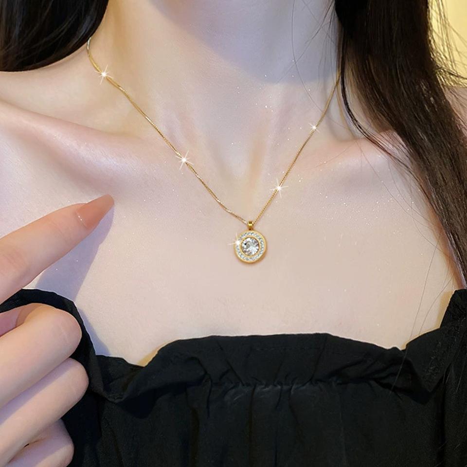 ZAKOL Shiny Crystal Zircon Round Pendant Necklace Earrings for Women Exquisite Stainless Steel Chain 2 Pcs Zircon Set