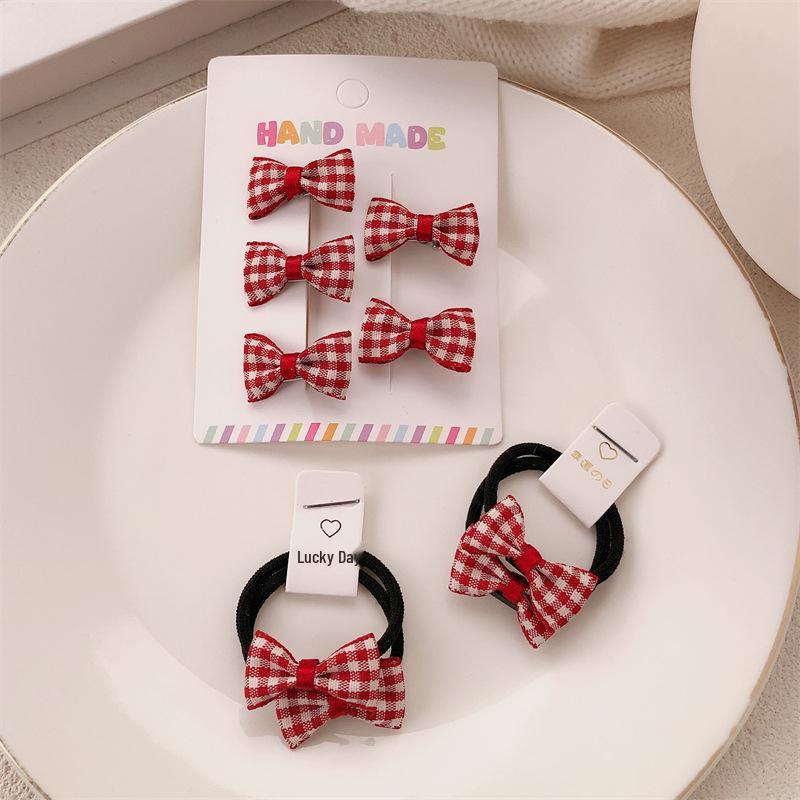 Red Plaid Bow Hair Clip & Tie Set - Gentle on Hair, Cute Jewelry