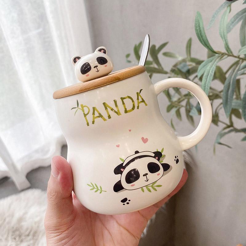 Roztomilý kreslený panda Keramický hrnek 400ml S víčkem a lžičkou Kávové hrnky Hrnky na mléčný čaj Snídaňový šálek Nápojové sklo Novinka Dárky