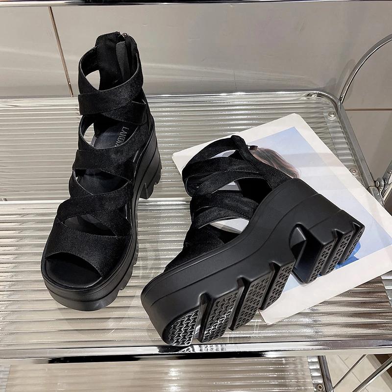 Fashion 2025 New Summer Women Square Heel Sandals Round Head Hollow-out Suede Back Zipper Waterproof Platform Non-slip High Heels Shoes