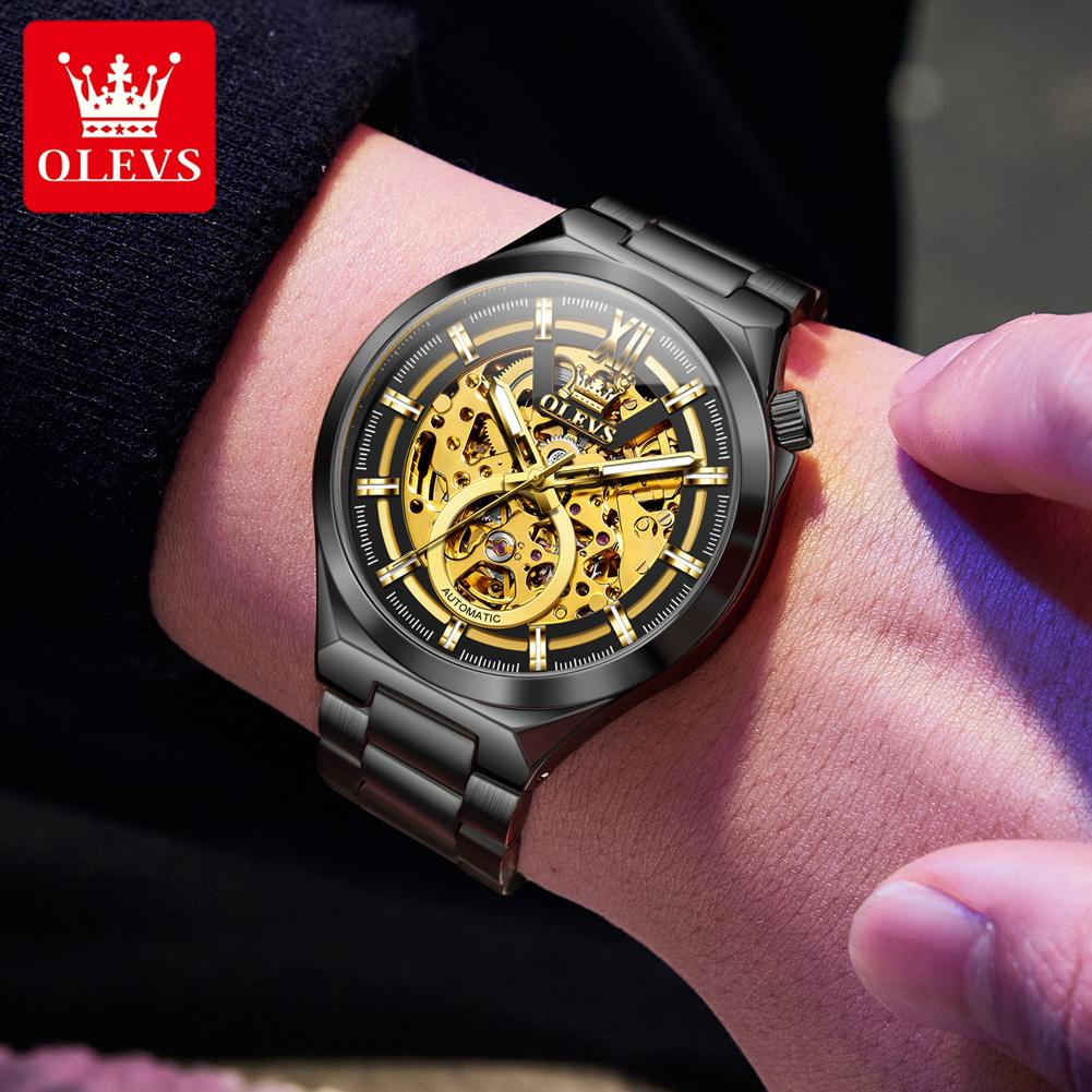 OLEVS 6722 Business Skeleton Automatic Mechanical Watches Man Waterproof Luminous Stainless Steel Wristwatches for Man Relogio