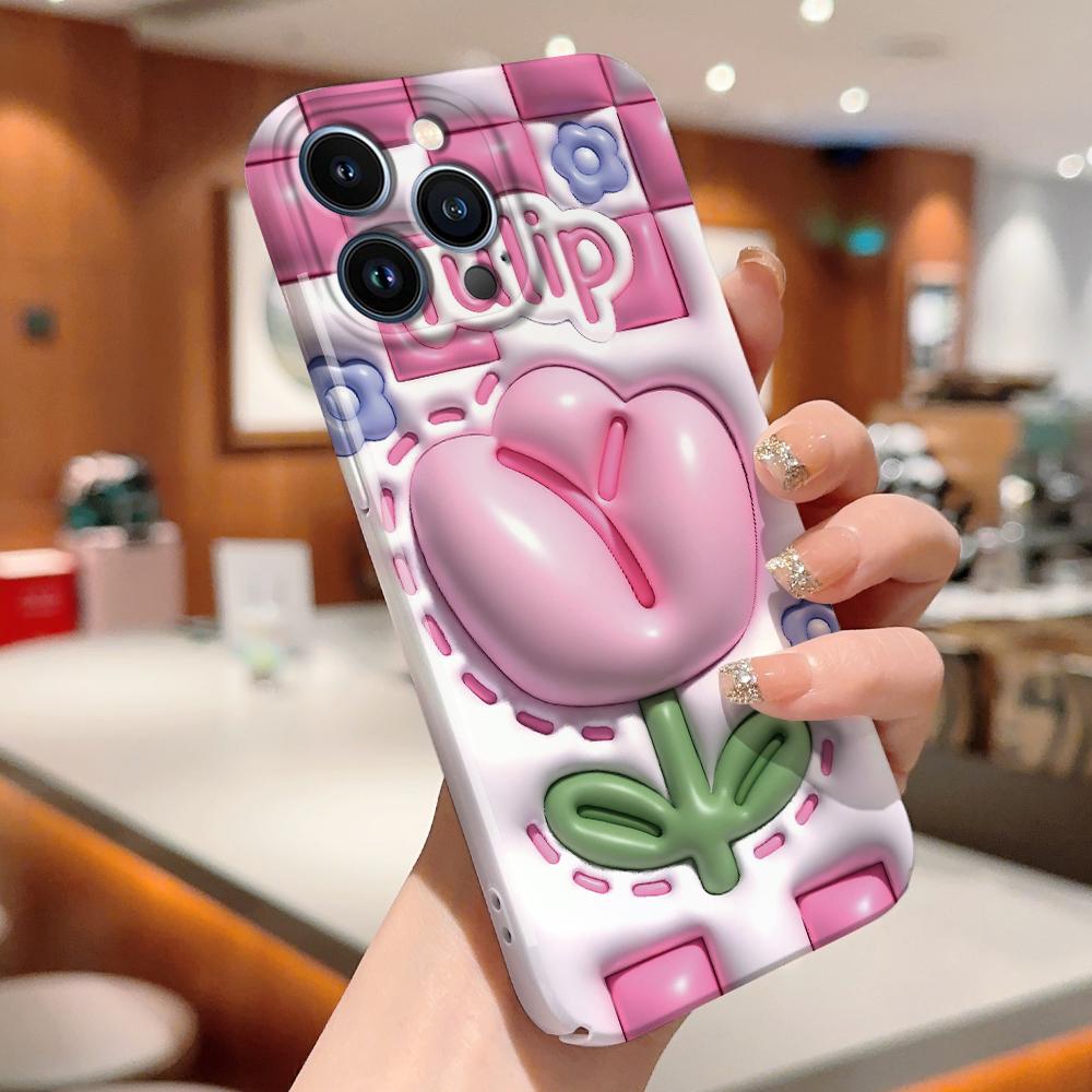 For iPhone 16 15 14 Samsung S23 A23 A52 A33 A73 A53 Huawei Xiaomi Redmi OPPO Vivo Stereoscopic Style Tulips Design Full Camera Protect Hard Phone Case