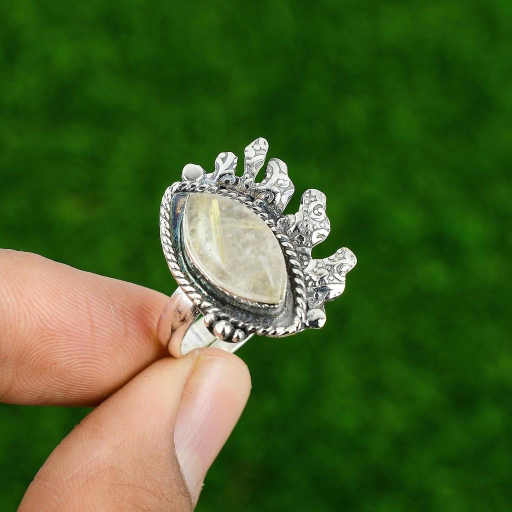 Gift For Women Statement Adjustable Ring 925 Silver Natural Golden Rutile