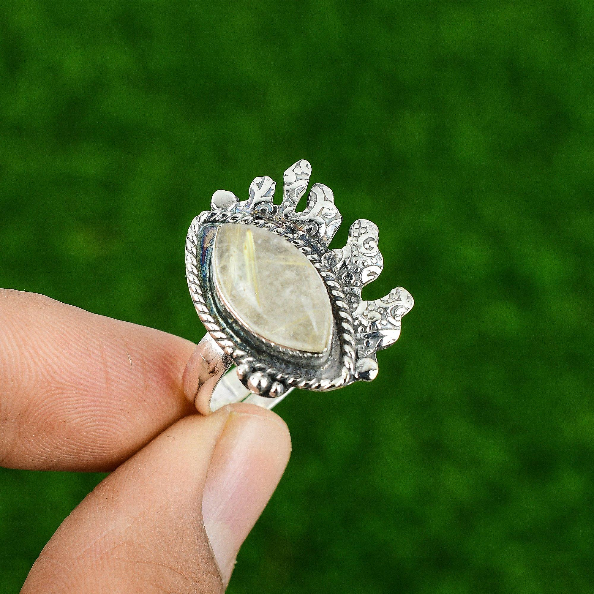 

Gift For Women Statement Adjustable Ring 925 Silver Natural Golden Rutile Adjustable