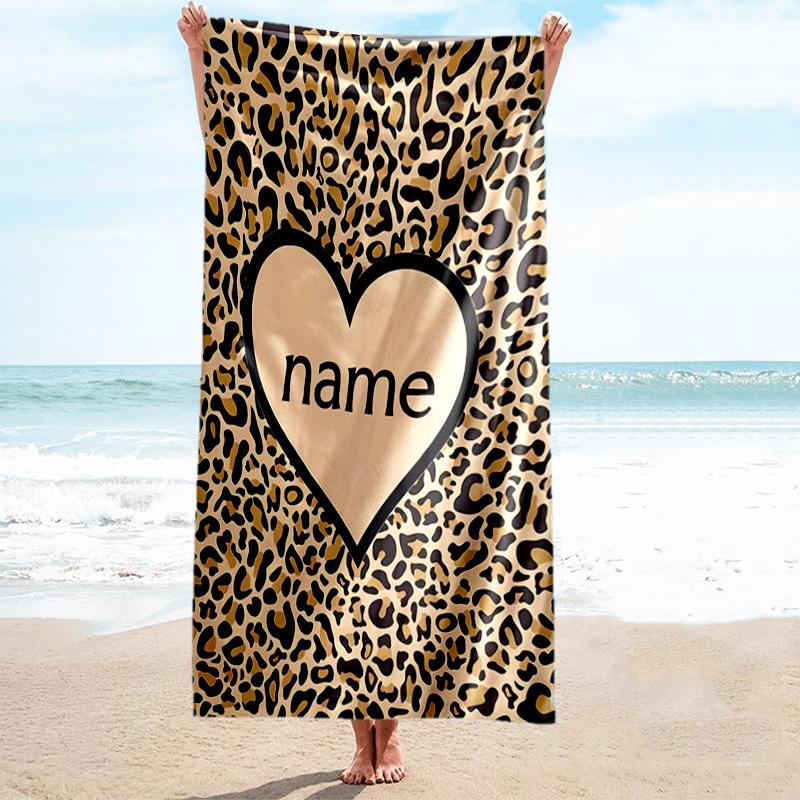 1PC Custom Name Leopard Heart Name Beach Towel Highly Absorbent And Sand-Resistant Towel for Swimming, Pool, Yoga, And Travel Lightweight