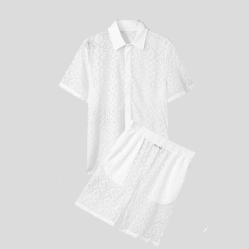 

INCERUN Two Piece Suit Summer Men Short Sleeve Lace Tops Shorts Sets Beach Outfits M белый