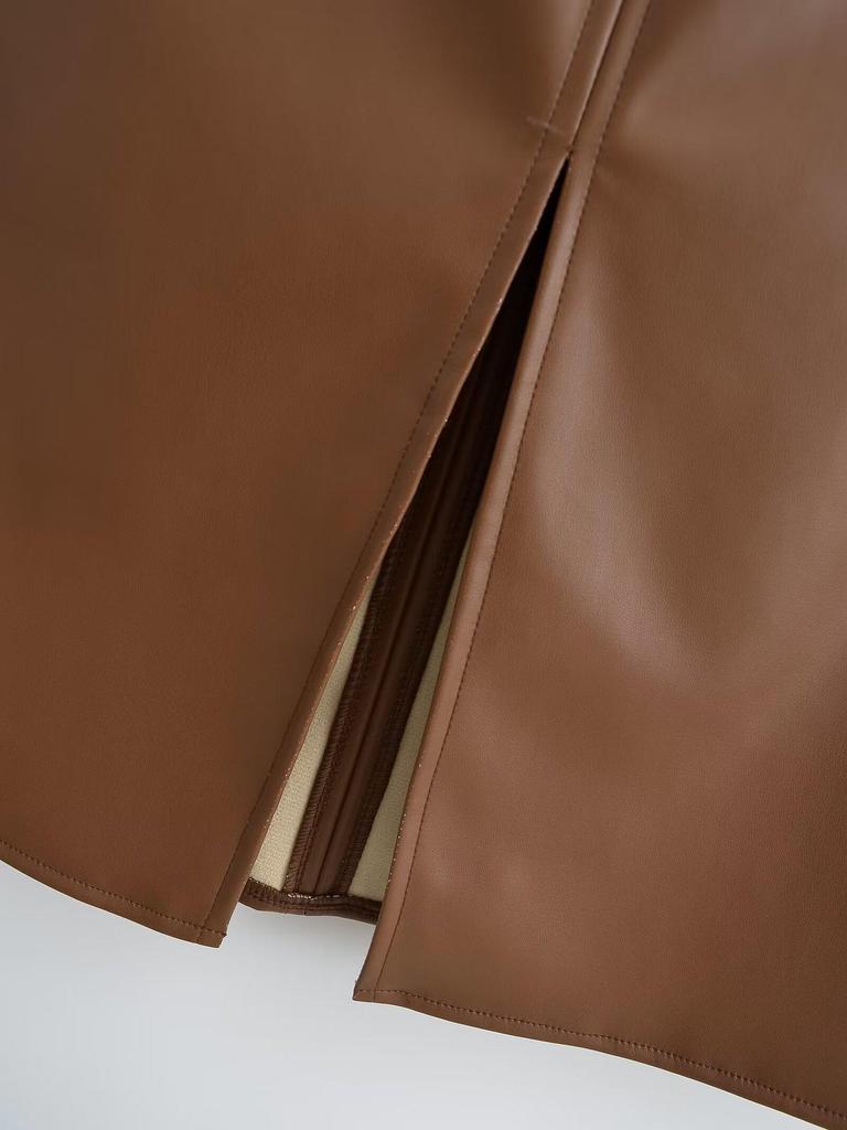 Slimming PU Leather High Slit Midi Skirt - Retro High Waist Hip-Hugging Style