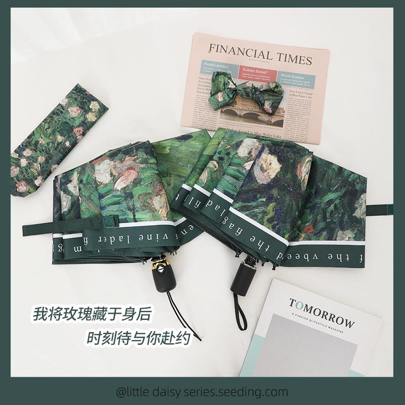 Automatic oil painting umbrella folding female vinyl anti-ultraviolet sunscreen sun umbrella custom logo