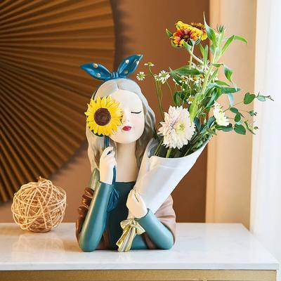 Aesthetic Resin Sunflower Girl Vase Creative Flower Arrangements Girl Modeling Home Porch Table Decoration Dry Flower Vase