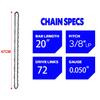 20 Inch Metal Chainsaw Chain 3/8" LP Saw Chain 72 Drive Link Electric Saw Replacement Chainsaw Saw Chain