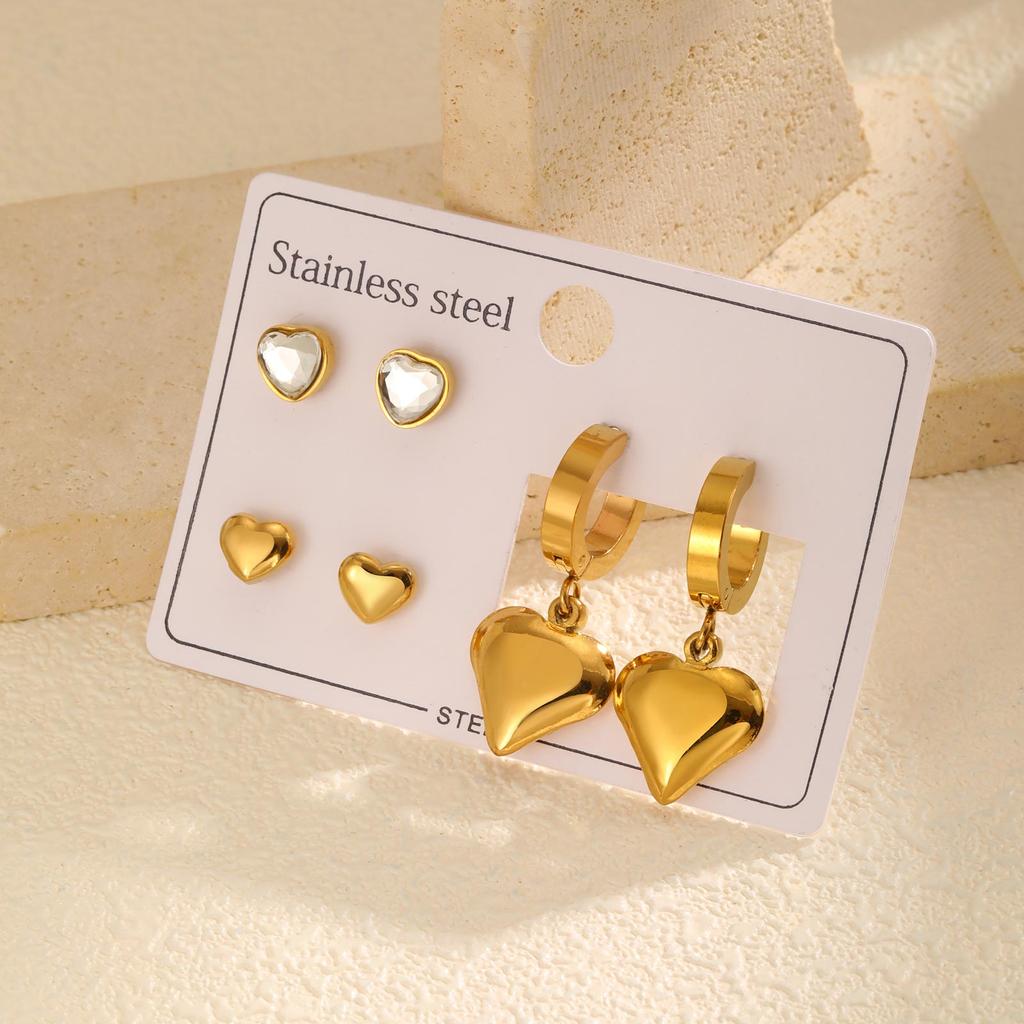 Dreiteiliges Set Ohrstecker für Damen, Hohl, Schleife, Blume, Herz, Edelstahl, Ohrstecker-Set, Großhandel Schmuck Geschenk