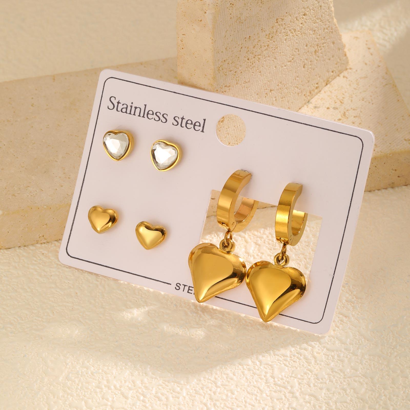 3 Pairs Heart-shaped Stud Earrings for Women,Gold Plated Stainless Steel Earrings,Geometric Set Jewelry Gifts
