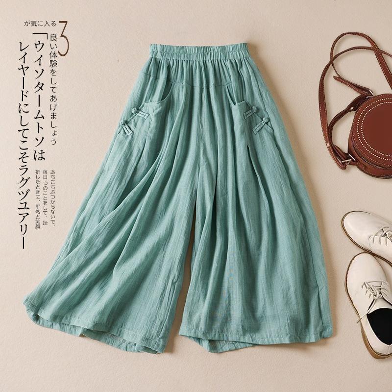 Skutečná fotografie léto nové literární volné jednobarevné bavlněné a lněné elastický pas široké nohavice devítibodové kalhoty ženy