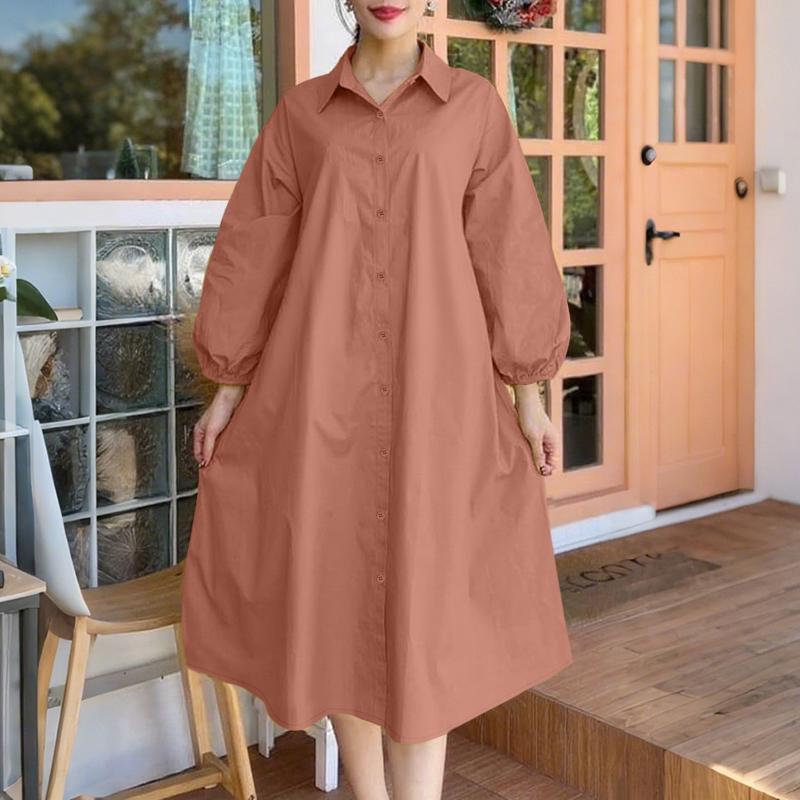 

ZANZEA Женское повседневное платье-рубашка свободного кроя с отложным воротником и длинными рукавами-буфами S камео розовый