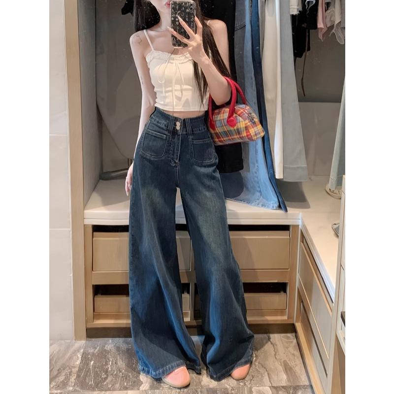 Petite Women's Retro Blue Wide-Leg Floor-Length Loose Jeans