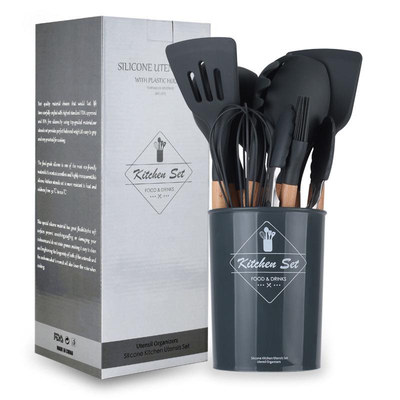 11-Piece Wooden Handle Silicone Kitchenware Set - Includes 9 Kitchen Tools, Spatula, and Spoon.