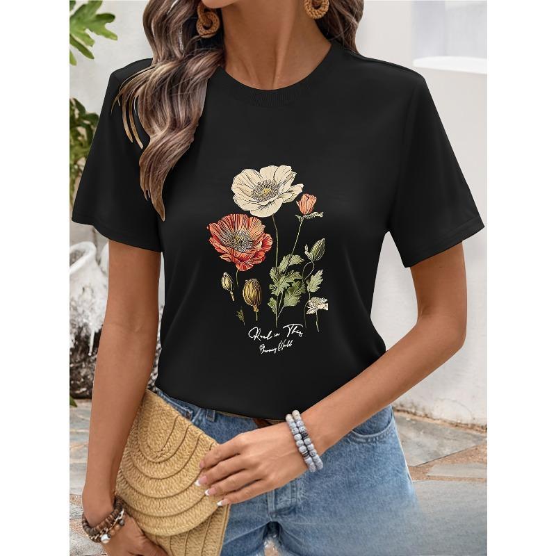 European sizes Floral Print T-Shirt - Soft Breathable Round Neck Short Sleeve Casual Top for Spring Summer, Machine Washable Everyday Comfort