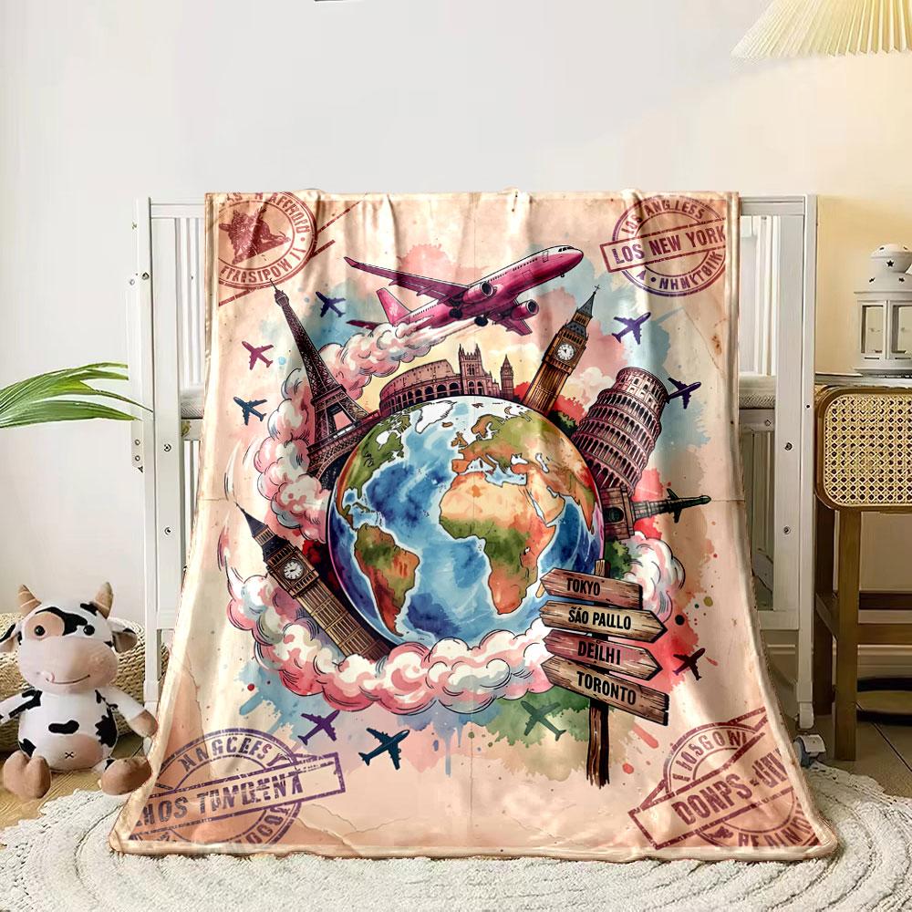 

A globe surrounded by landmarks, airplanes, clouds, and travel stamps. for all seasons blanket lunch break throw gift 80cm x 120cm