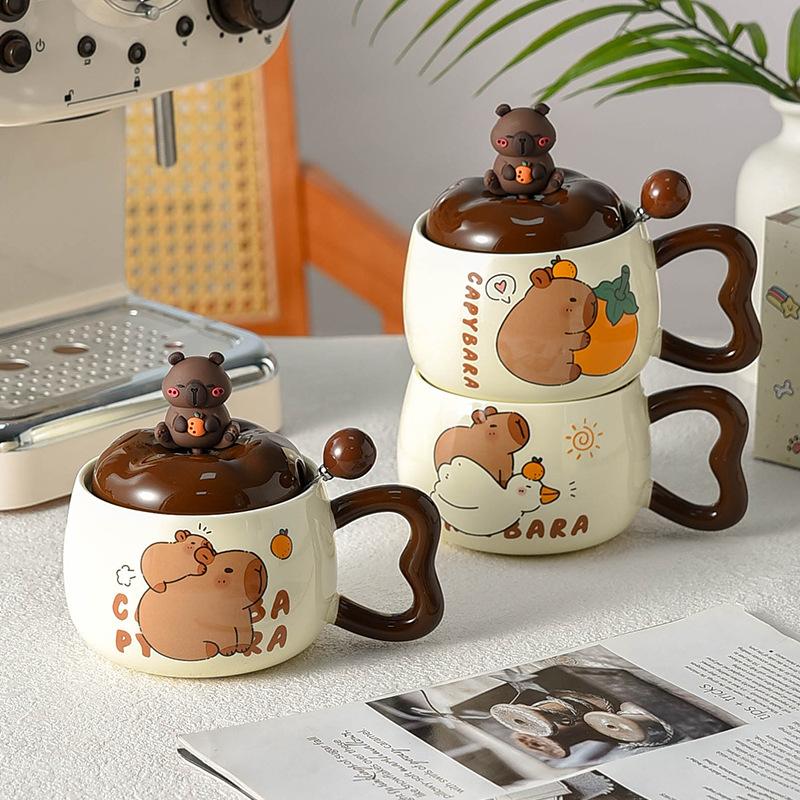 Taza de Capibara Taza Linda con Tapa y Cuchara Cerámica Creativa Estilo para Niños Taza para Desayuno Infantil Gran Capacidad
