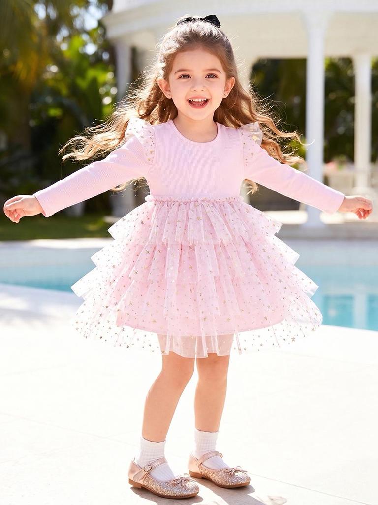 Little Maven Autumn Girls' Long Sleeve Princess Dress with Mesh Skirt