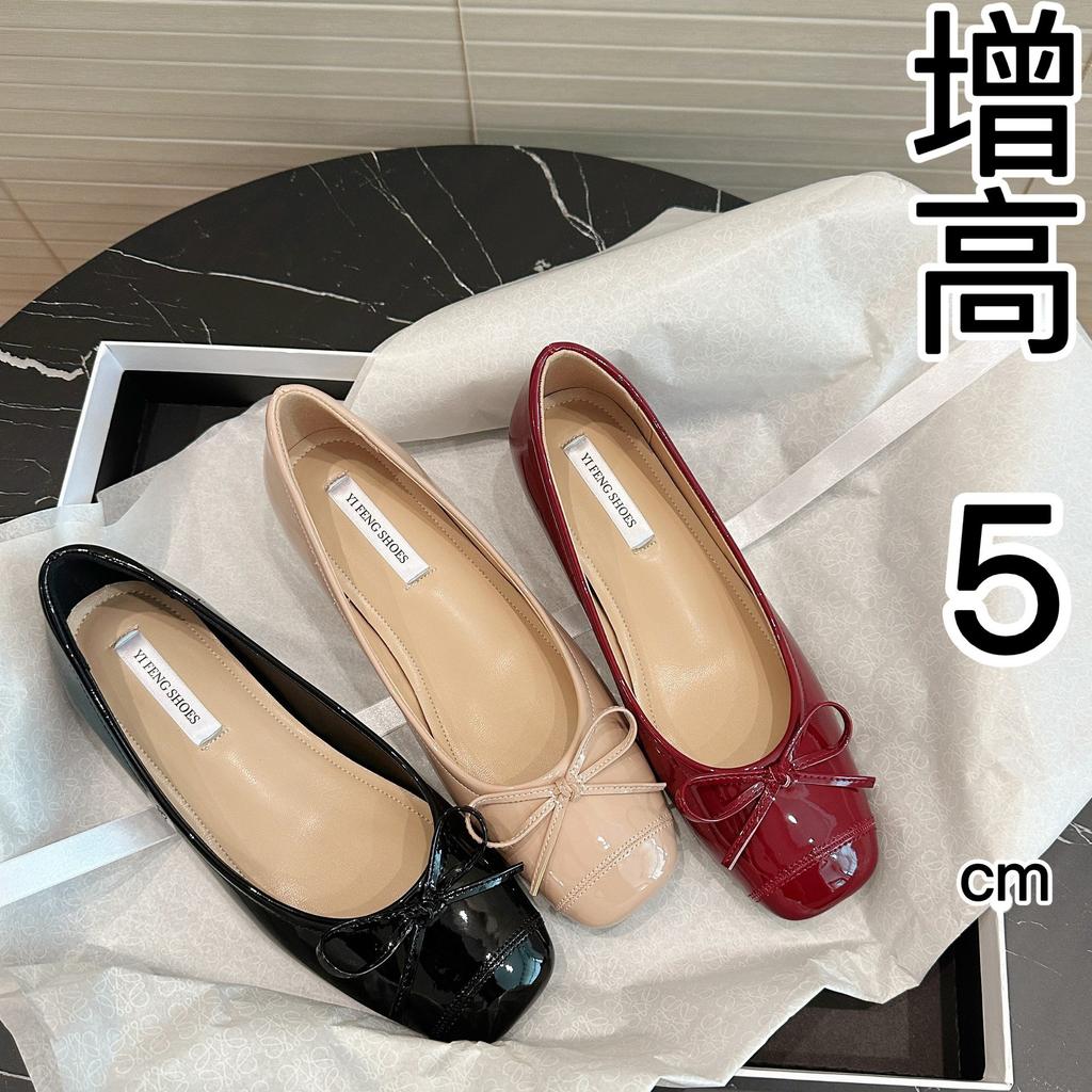 Sheepskin version~ Small inner height increase women's shoes bow square head shallow mouth ballet single shoes women's soft sole Mary Jane shoes