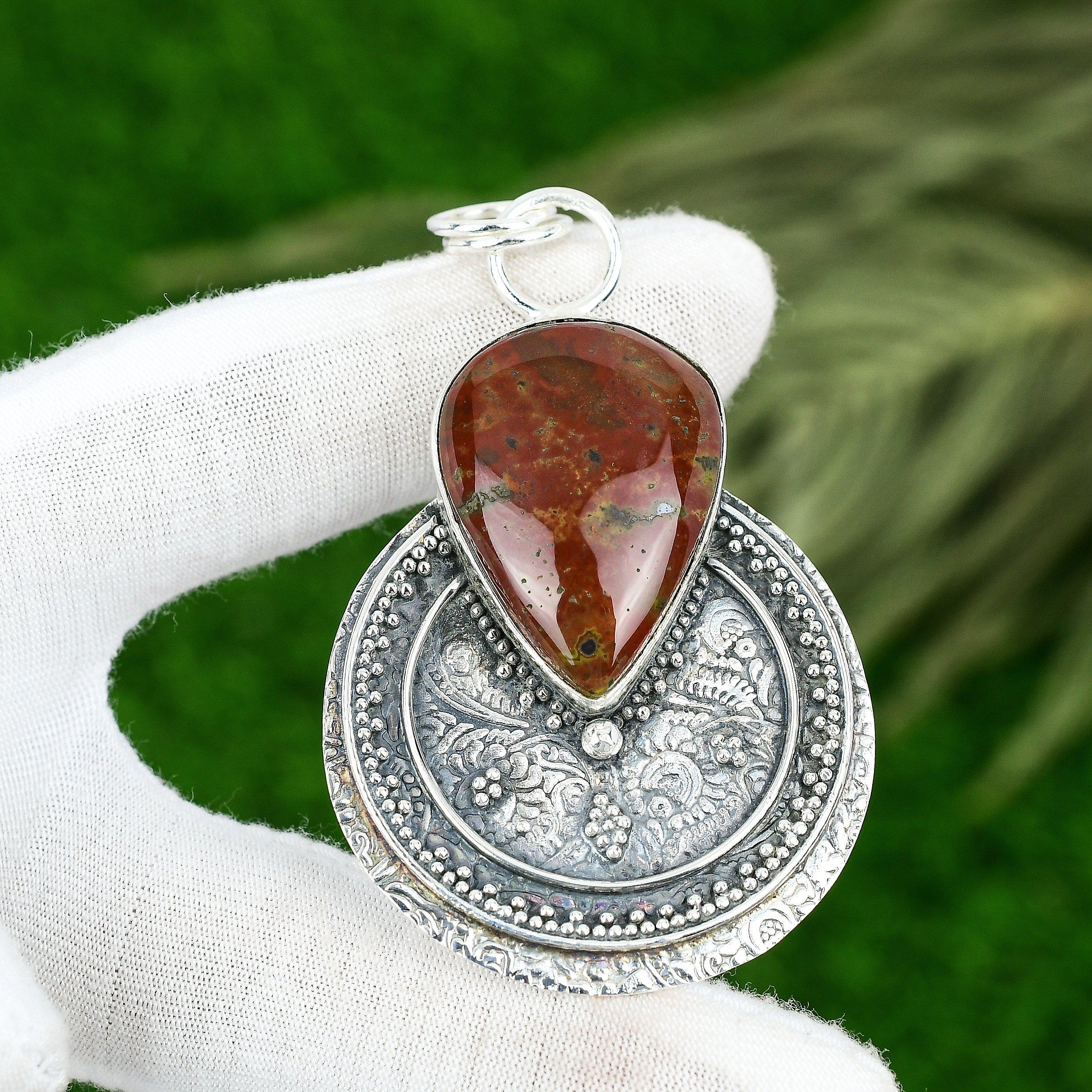 Memorial Day Sale Sterling Silver Pear Bloodstone Stone Bezel Engagement Pendant