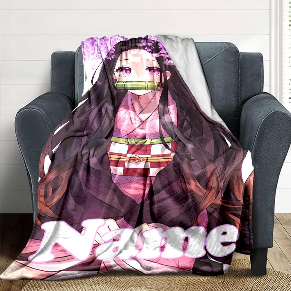 Customiz Name Personality Demon Slayer Nezuko Blanket Soft &Warm Sofa Office Bed Travel Lunch Break Blanket, Gift Suitable All Seasons