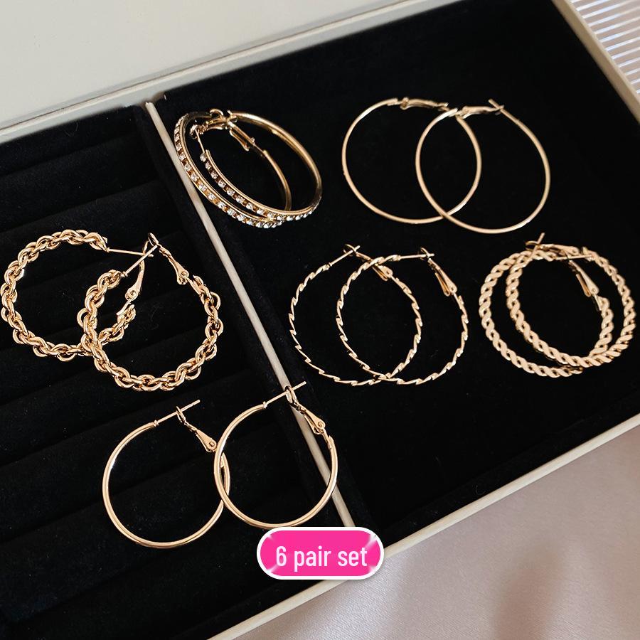 Twelve-Piece Silver Needle Diamond-Set Geometric Circular Hoop Earrings - Cool, Individual, Minimalist, High-End Niche Style