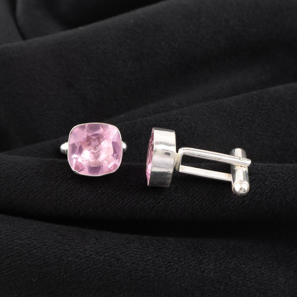 Pink Morganite Gemstone Silver Cufflink, Cushion Cut Handmade 925 Silver Cufflink, Bohemian Jewelry, Christmas Gifts CL-9-1