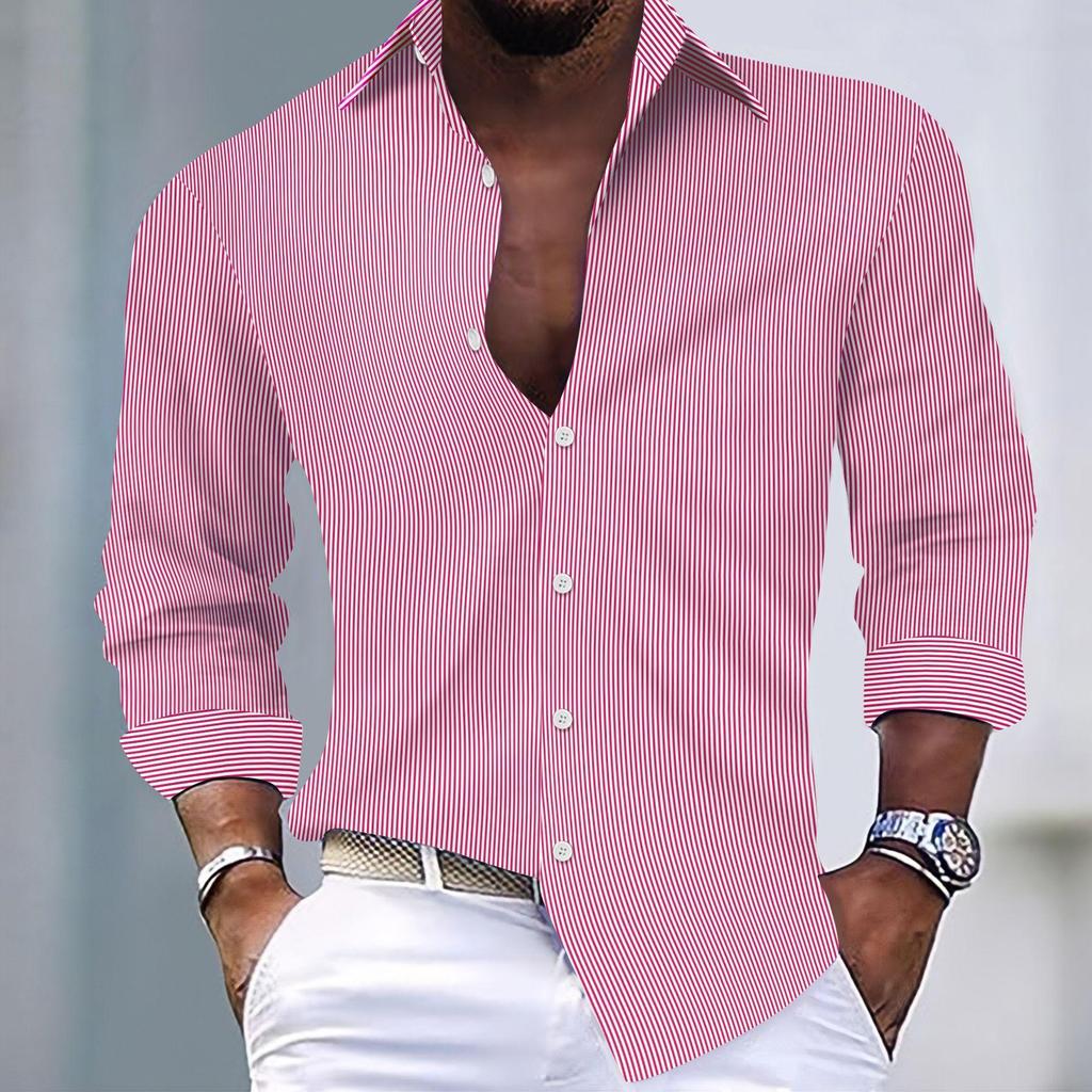 Camicia casual da uomo a righe con revers a maniche lunghe
