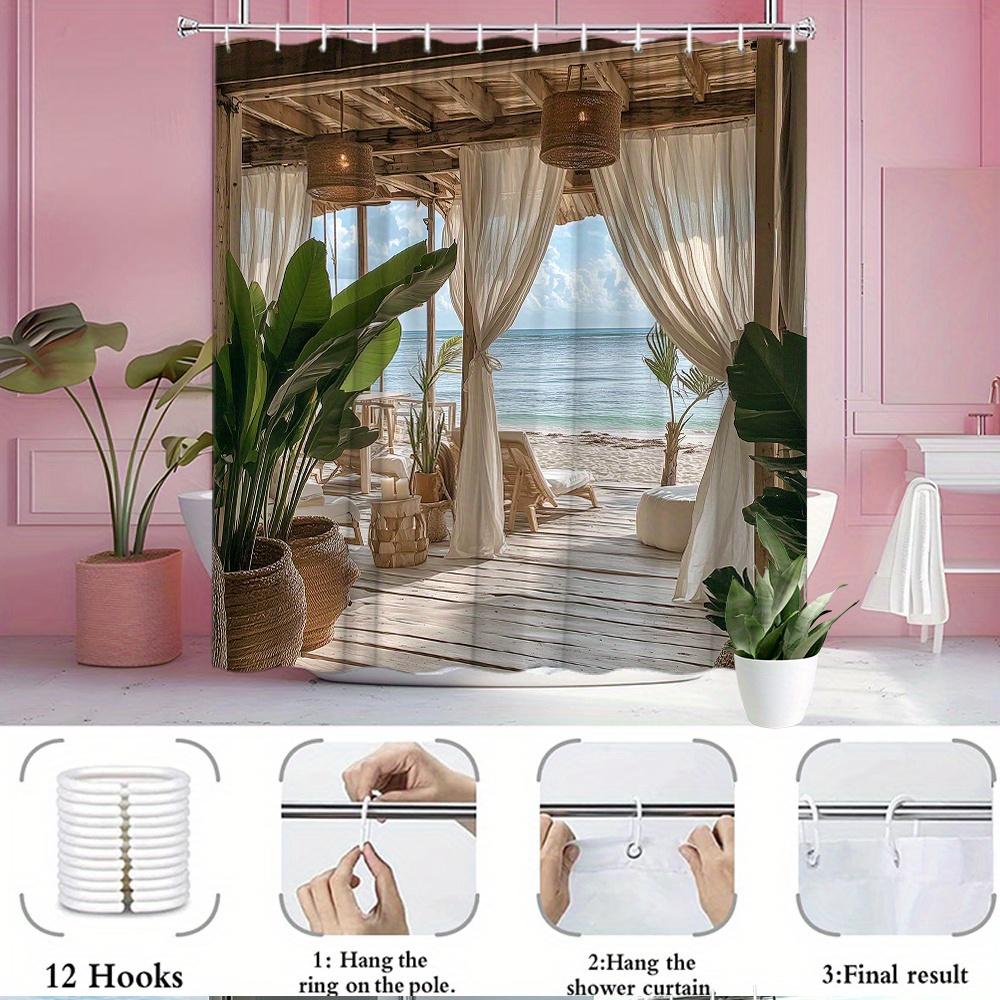 Cortina de Ducha Cabaña de Playa Vista al Mar Terraza de Madera Paraíso Tropical Tejido Impermeable Decoración de Baño Costera