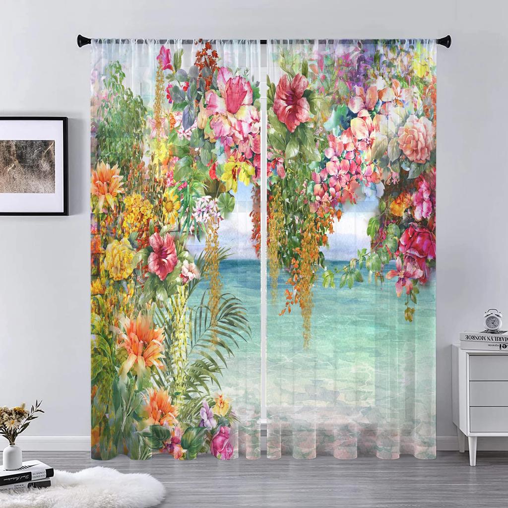 Flower Wall Voile Curtains Living Room Bedroom Decoration Transparent Chiffon Tulle Curtain Kitchen Window Treatment Sheer Polyester Sitting Decor